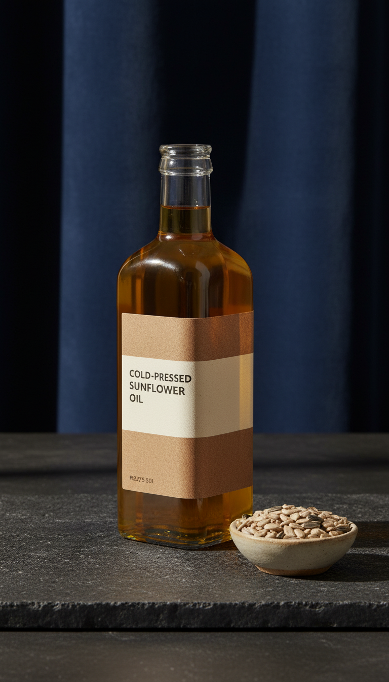 Sunflower oil cold-pressed earth-toned label in a new setting
