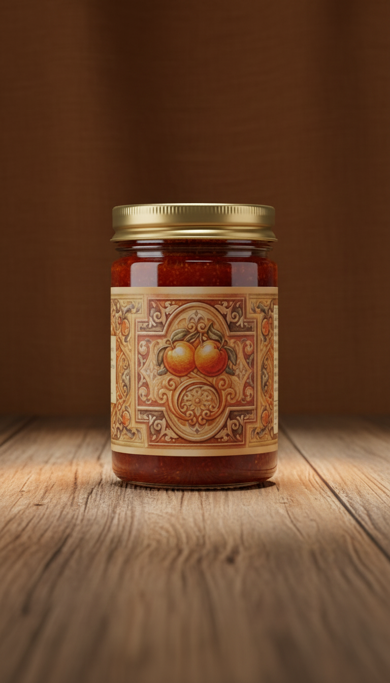 Blood orange marmalade with decorated label in a new setting
