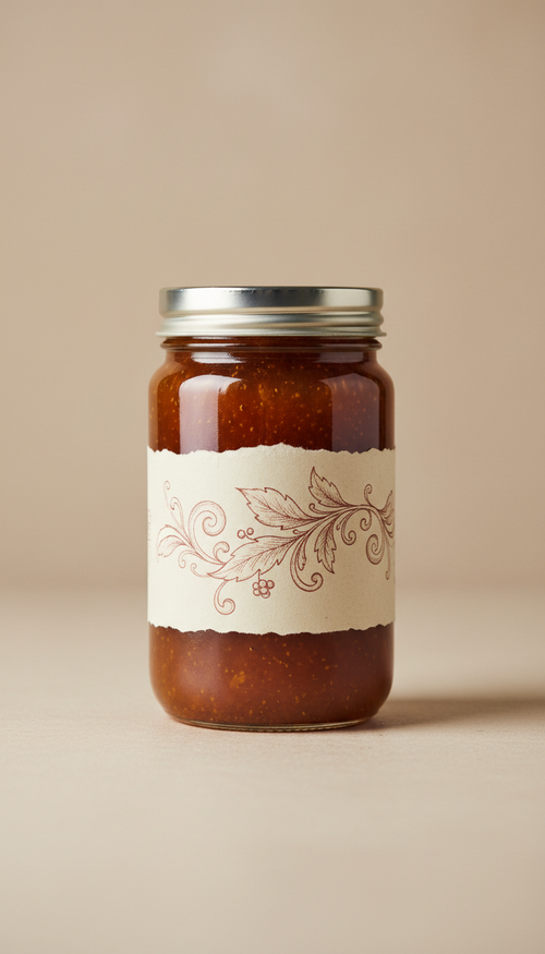A perfectly centered, straight-on front view of a glass jar containing a rich, rustic copper-colored jelly. The jar has a...