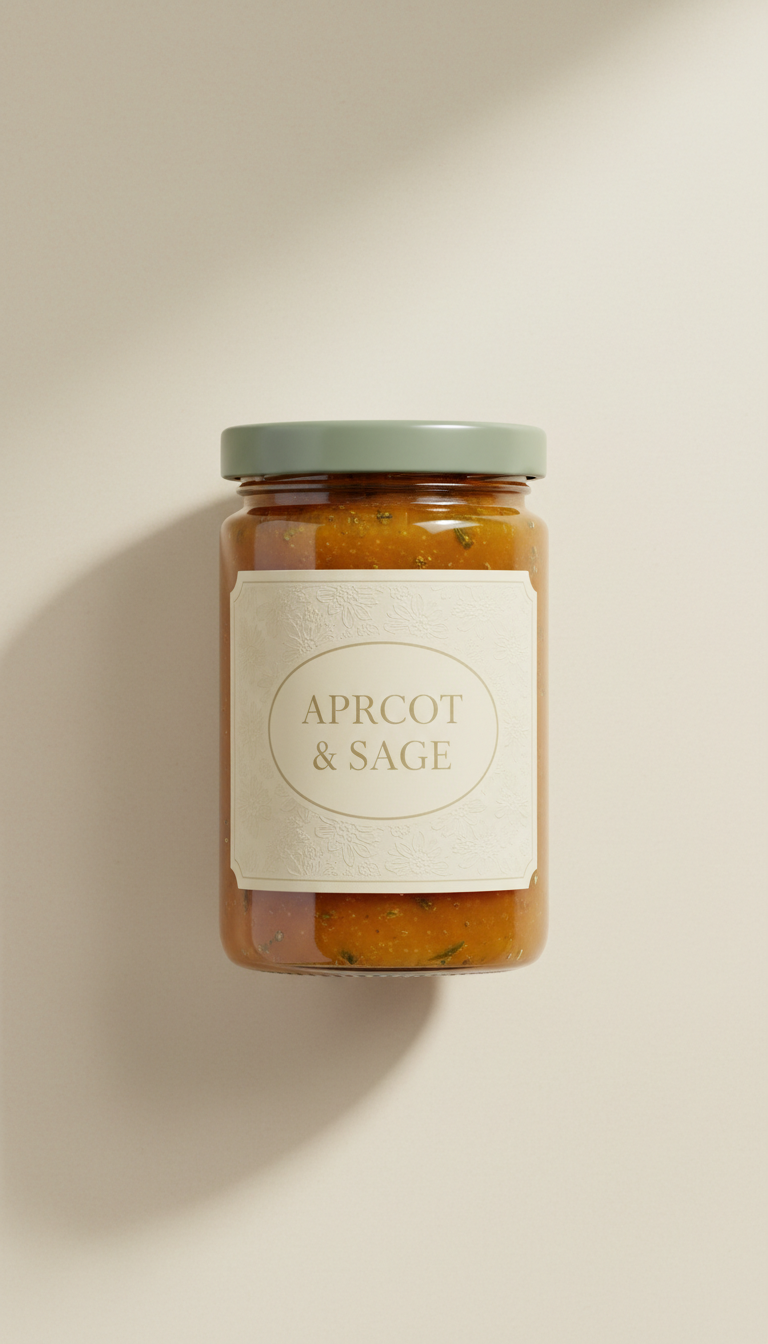 Apricot & sage jam in matte-lidded glass jar with elegant serif typography, Primary angle: straight-on or slightly above...