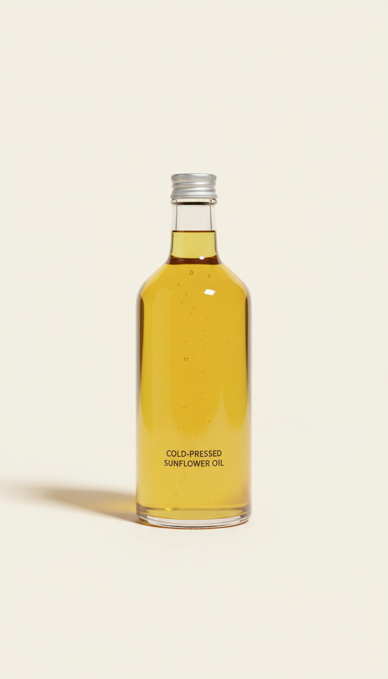 Anmasa Cold-Pressed Sunflower Oil bottle, 3/4 angle or top-down flat-lay depending on product shape; always placed on...