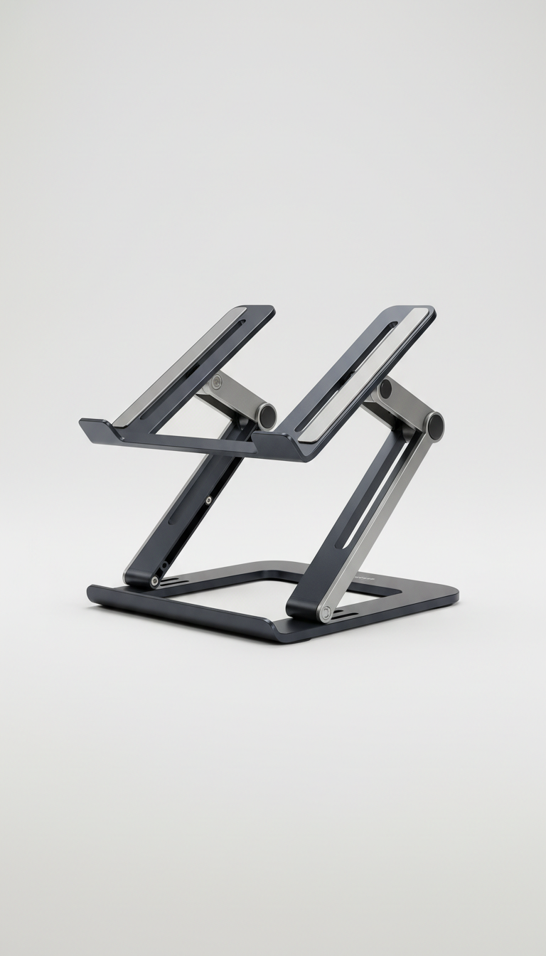 Adjustable laptop stand, Capture the laptop stands from a 3/4 angle to showcase the adjustable features and premium...
