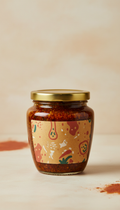 Bengali Panch Phoron Pickle Jar, Three-quarter angle as default: highlights both front label and side profile of elegant...