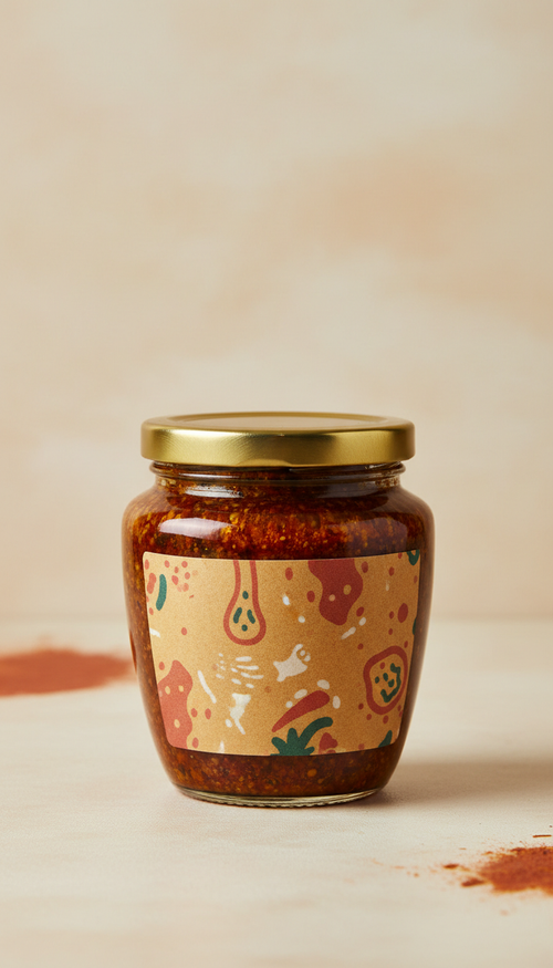 Bengali Panch Phoron Pickle Jar, Three-quarter angle as default: highlights both front label and side profile of elegant...