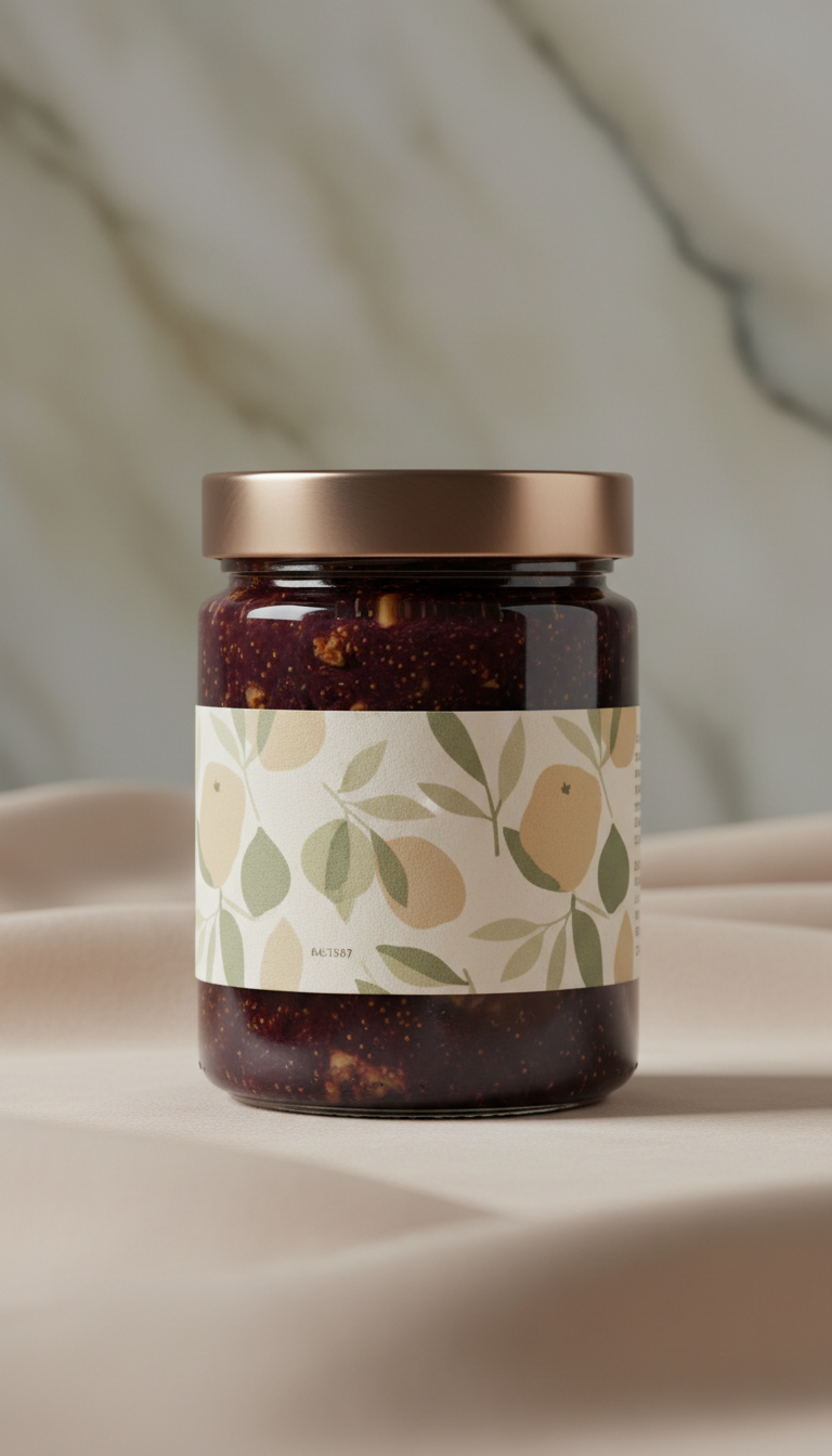 Fig and Walnut jam jar, Default angle: 3/4 view at eye level to slightly above, emphasizing both label detail and the...
