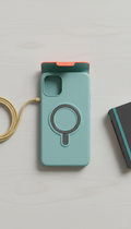 Magnetic phone case, Hero product shots at 3/4 angle on clean neutral backgrounds (Cloud Grey or light wood), with one...