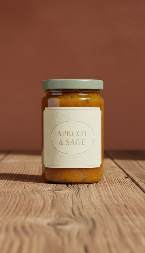 Apricot and sage jam with matte lid in a new setting