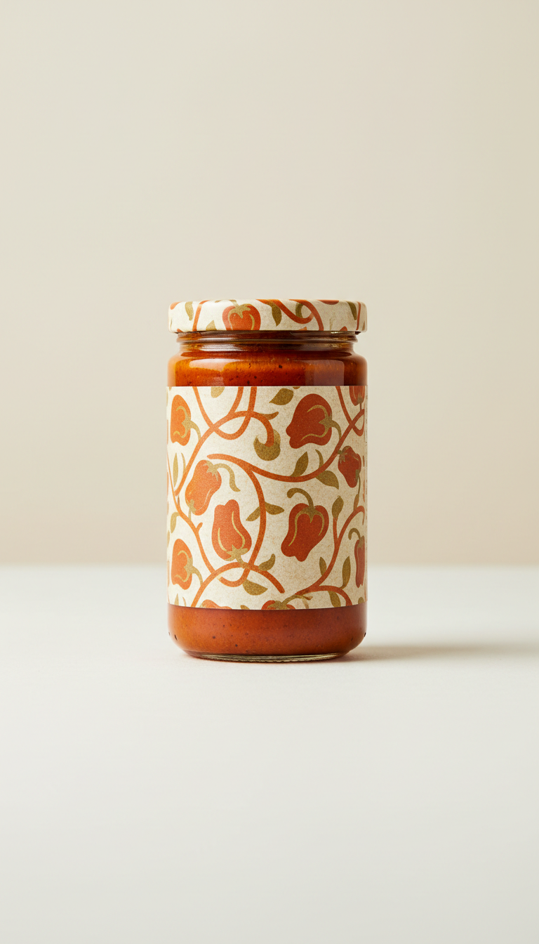 A perfectly centered, straight-on shot of a gourmet roasted red pepper dip jar on a simple, Almond Milk colored...